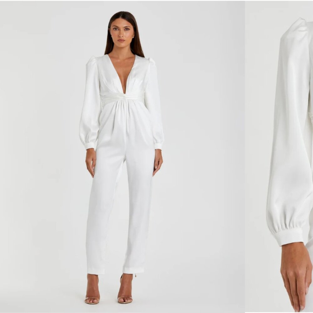 White Front Twist Puff Sleeve Deep V Jumpsuit Ieena for Macduggal
